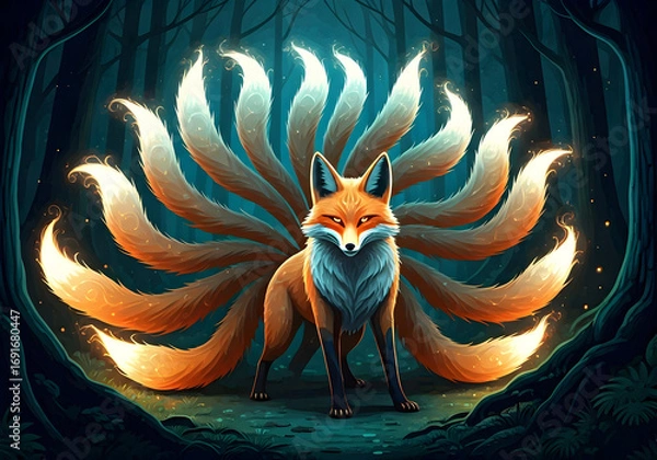 Fototapeta Mythical Nine tailed Fox Spirit Standing Majestically in a Dark Enchanted Forest