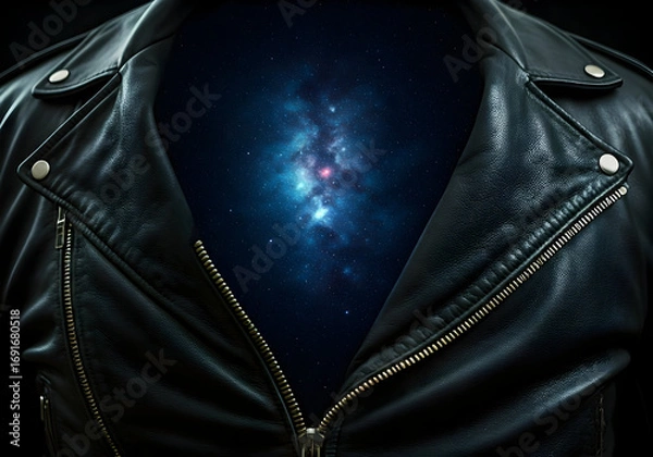Fototapeta A Black Leather Biker Jacket Open to Reveal a Vibrant Nebula and Star Field