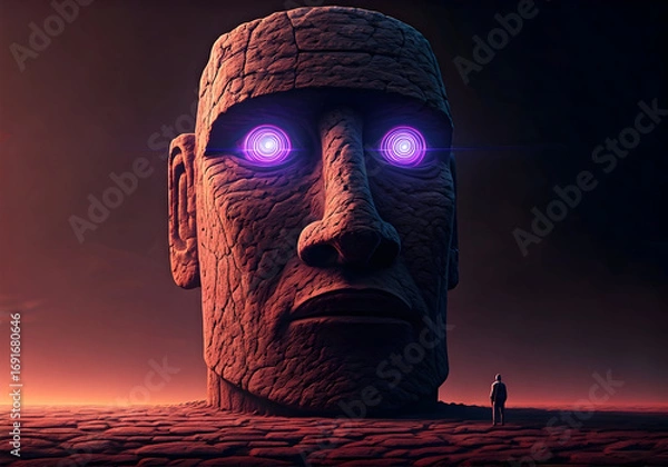 Fototapeta Mysterious Giant Stone Head with Glowing Purple Eyes Stands over a Lone Figure on a Barren, Red Planet