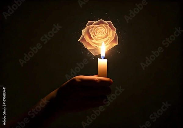 Fototapeta Hand Holding a Lit Candle with a Glowing Rose Emerging from the Flame in Darkness