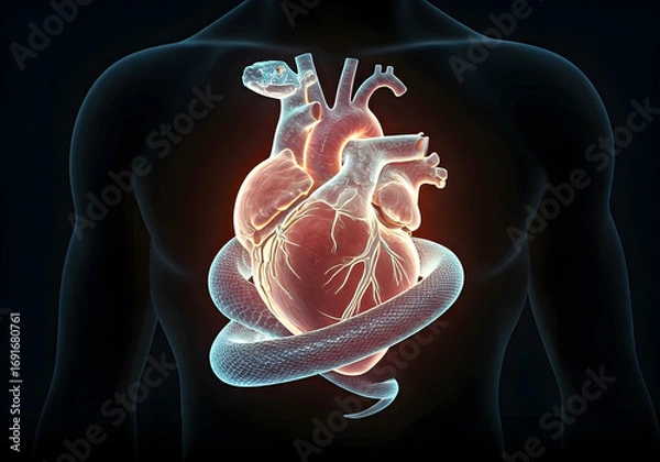 Fototapeta An Anatomical Heart with a Translucent Snake Coiled Around It, Depicting Health and Danger in a Dark Medical Illustration