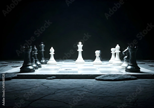Fototapeta Dramatic Chess Game Set in a Dark, Craggy Environment with Dramatic Lighting on Pieces