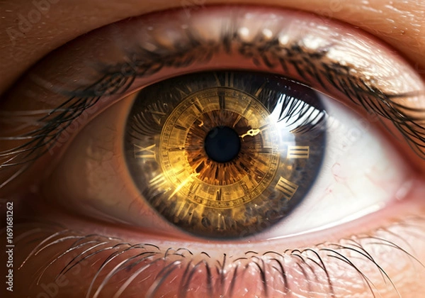 Fototapeta Extreme Close up of a Human Eye Reflecting an Ornate Golden Clock Face with Roman Numerals, Symbolizing Time and Vision