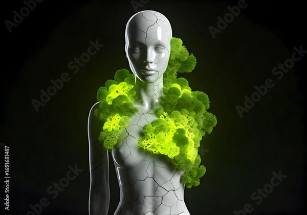 Fototapeta Ethereal Mannequin Adorned with Glowing Green Moss, Symbolizing Natures Rebirth Amidst a Cracked Surface