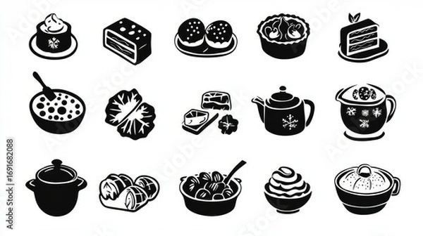 Fototapeta Variety of desserts and traditional dishes displayed in black and white silhouette artwork