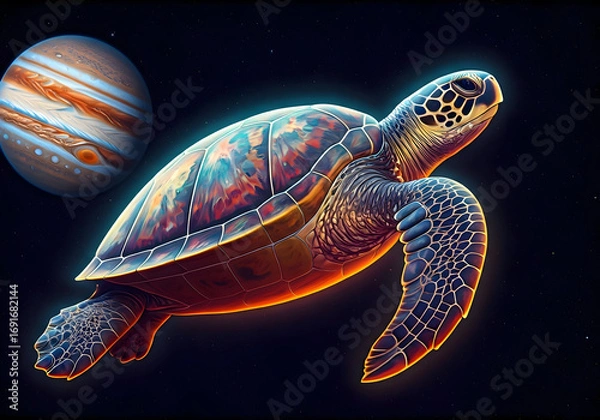 Fototapeta Cosmic Sea Turtle Drifts Through Space Near Swirling Jupiter, Illuminated by Inner Glow