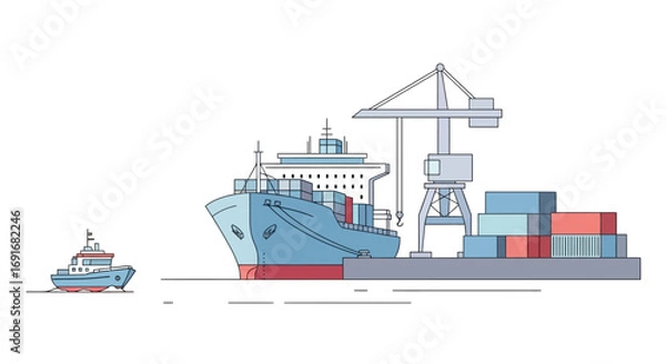 Fototapeta Large cargo ship docked at a port with a tugboat and crane loading containers