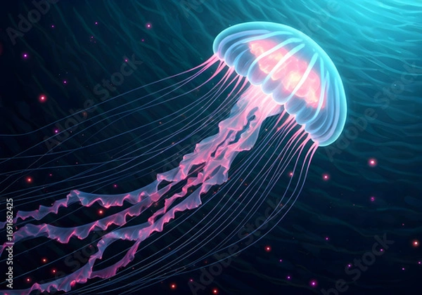 Fototapeta Bioluminescent Jellyfish with Translucent Bell and Flowing Tentacles in Deep Blue Ocean Water