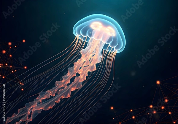 Fototapeta Bioluminescent Jellyfish with Glowing Network Pattern Background, Sci fi Abstract Aquatic Creature Illustration