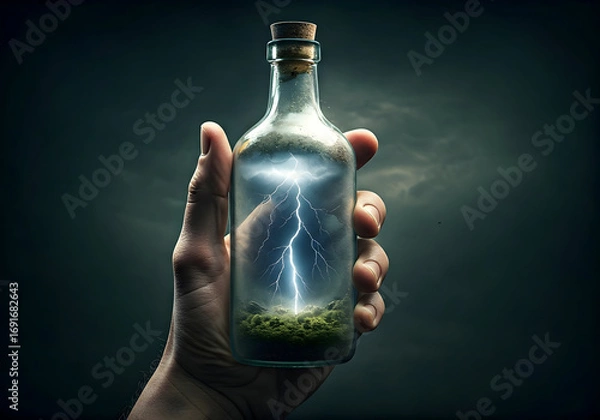 Fototapeta Hand Holding a Glass Bottle Containing a Miniature Landscape with a Powerful Lightning Strike Illuminating the Scene