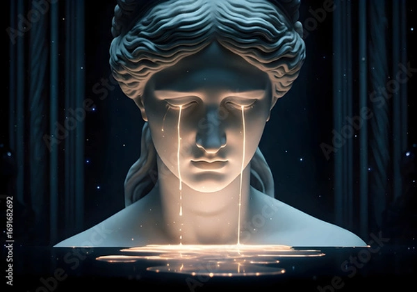 Fototapeta Melancholy Marble Statue Weeping Golden Tears in a Cosmic, Star lit Environment with Reflective Surface