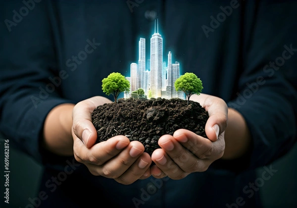Fototapeta Hands Holding Rich Soil with Miniature Sustainable Cityscape and Green Trees Symbolizing Growth and Eco friendly Urban Development