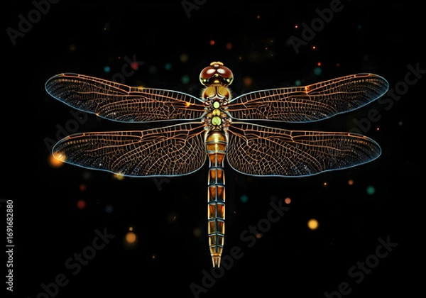 Fototapeta A Luminous Dragonly with Intricate Wings and Segmented Body Glows Against a Dark, Starry Background