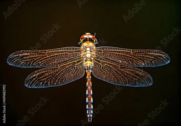 Fototapeta Exquisite Macro Photography Captures the Intricate Detail and Translucent Beauty of a Dragonflys Wings Against a Dark, Atmospheric Background