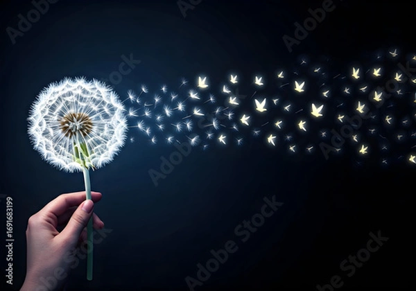 Fototapeta Hand Holding Dandelion Releasing Seeds That Transform into Birds, Symbolizing Hope and New Beginnings
