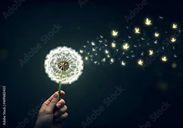 Fototapeta Close Up of a Hand Holding a Dandelion with Glowing Seeds Floating Away into a Dark Night Sky
