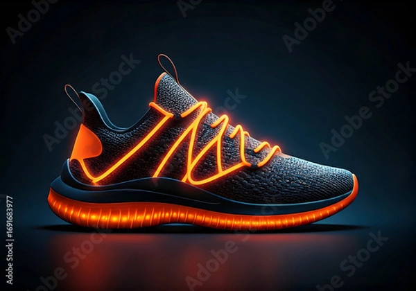 Fototapeta Futuristic Athletic Shoe with Vibrant Orange Neon Glow Accents on a Dark Background, Showcasing Modern Design and Technology