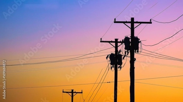 Fototapeta Outdoor background featuring rows of tall power poles with attached transformers—metallic gray transformers with cooling fins, connected by thick power cables, set against a bright sky with soft cloud