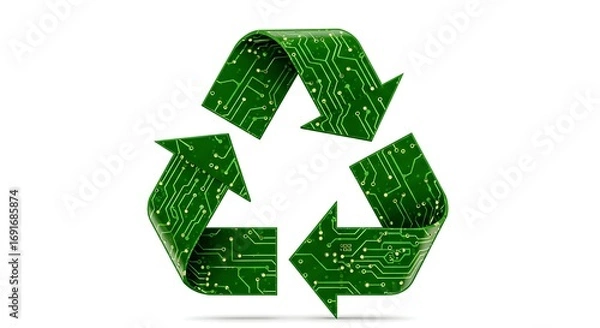 Fototapeta with Generated AI | Green recycling symbol with electronic circuit board pattern promoting e-waste recycling and environmental sustainability