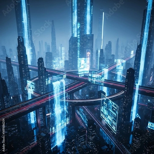 Fototapeta Futuristic Cityscape with Glowing Neon Lights and Elevated Highways.