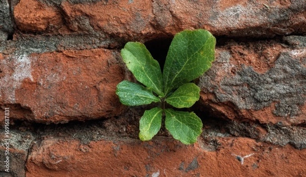 Fototapeta A small sprout emerges from a weathered brick wall