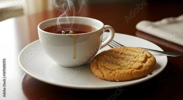 Fototapeta Coffee with layered cake slice on plate