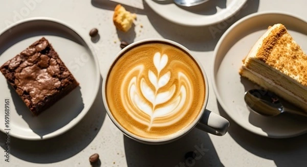 Fototapeta Muffin and cappuccino with artistic foam