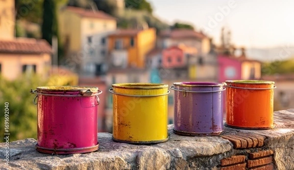 Obraz Colorful paint buckets on a stone wall, picturesque village in the background