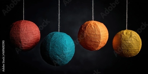 Obraz Colorful paper spheres hanging against dark background