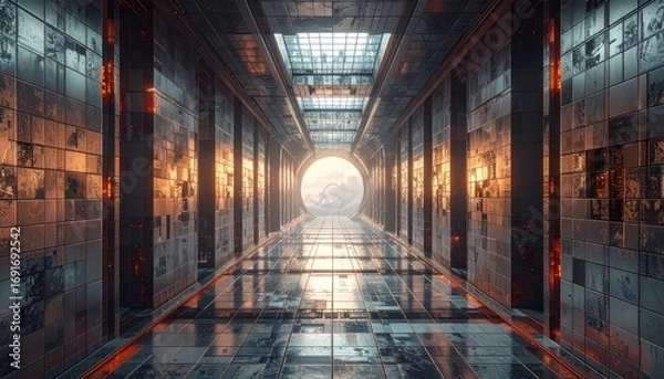 Fototapeta A futuristic, sunlit hallway with metallic tiled walls and a glowing, circular archway.
