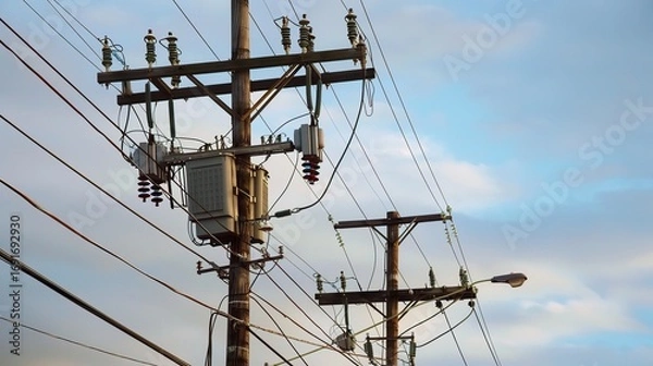 Fototapeta Outdoor background featuring rows of tall power poles with attached transformers—metallic gray transformers with cooling fins, connected by thick power cables, set against a bright sky with soft cloud