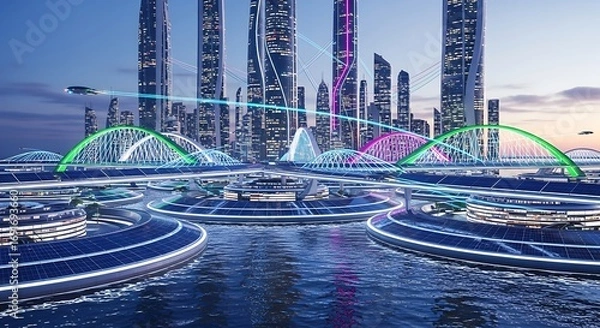 Fototapeta Futuristic Cityscape with Waterways and Flying Vehicles at Dusk.