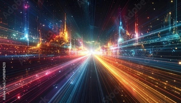Fototapeta A futuristic cityscape unfolds along a vibrant, streaking highway, bathed in a spectrum of neon lights and dynamic colors.