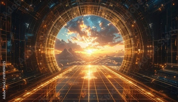 Fototapeta A futuristic tunnel opens to a breathtaking sunset over a mountain range, bathed in golden light.