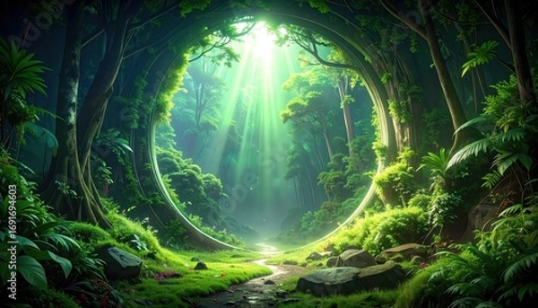 Fototapeta A vibrant, lush forest scene with a circular opening, bathed in sunlight.