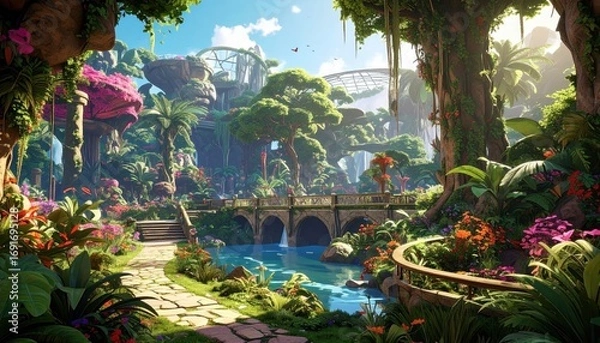 Fototapeta A vibrant, lush garden with arching bridges and futuristic structures, showcasing a vibrant, colorful landscape.