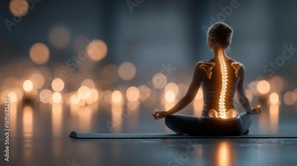 Fototapeta A serene figure meditating, showcasing a glowing spine, surrounded by soft, out-of-focus lights, embodying tranquility and inner peace.