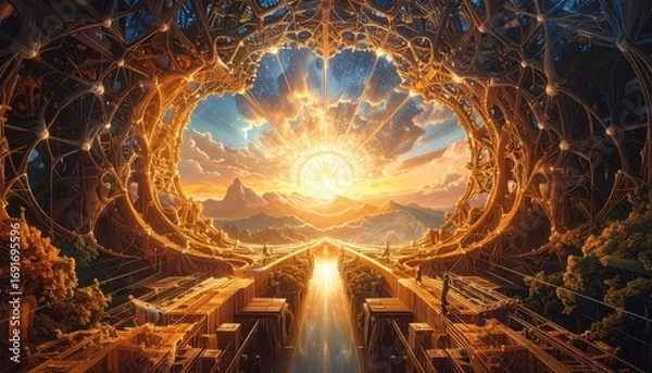 Fototapeta A breathtaking vista unfolds through an intricate, golden structure, showcasing a serene sunrise over a mountainous landscape.