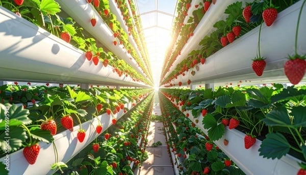 Fototapeta A vertical hydroponic strawberry farm, showcasing rows of plants and produce, brightly lit by sunlight filtering through a greenhouse.