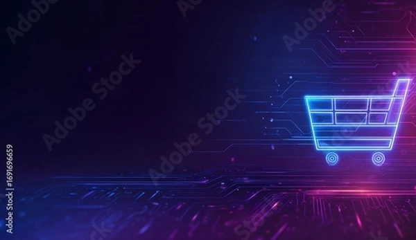 Obraz Neon shopping cart on a circuit board background