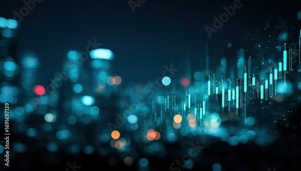 Obraz Abstract city skyline with financial chart overlay