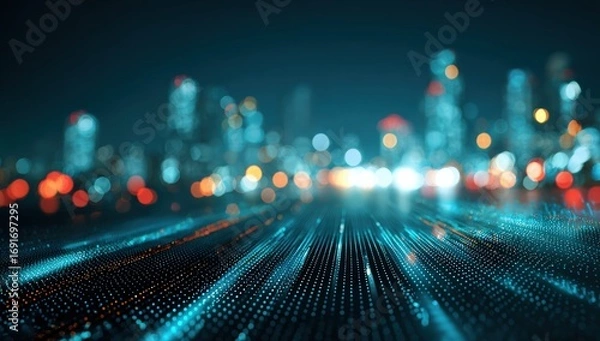 Obraz Futuristic city at night with digital overlay