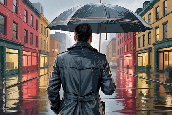 Fototapeta Man walking with umbrella in rainy city street with colorful buildings and wet pavement reflections during storm weather