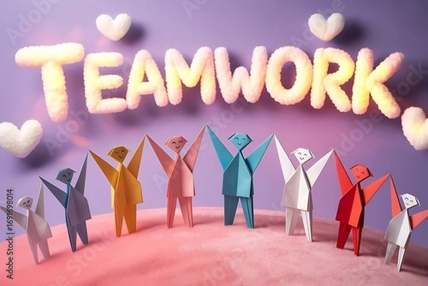 Fototapeta Teamwork concept with colorful paper origami people figures holding hands together on purple background with fluffy cloud hearts