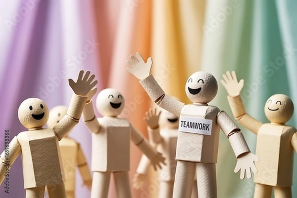 Fototapeta Happy wooden figures celebrating teamwork with raised hands against colorful rainbow background showing collaboration and unity