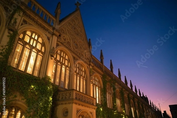 Fototapeta Gothic Revival university building illuminated at dusk with ornate stonework, arched windows and spires against twilight sky
