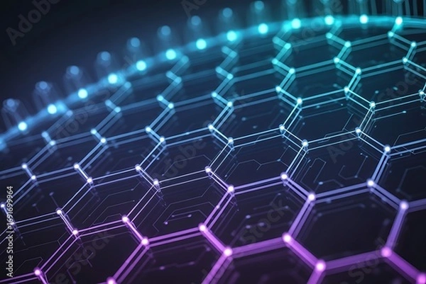 Fototapeta Glowing hexagonal molecular structure with blue and purple neon connections, abstract scientific network pattern on dark background