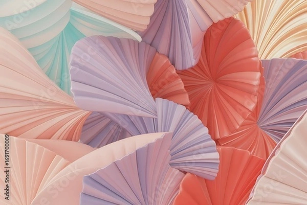 Fototapeta Abstract paper fan art in pastel coral, purple and mint colors, overlapping decorative fans creating elegant geometric pattern background