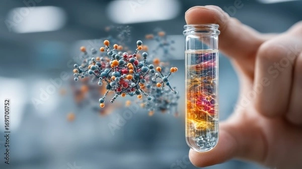 Fototapeta A hand holds a glowing test tube with a colorful liquid, while molecules float nearby, illustrating a scientific concept or innovation.