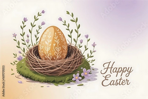 Fototapeta Happy Easter greeting card with decorated egg in nest, purple flowers and botanical elements, spring holiday illustration background